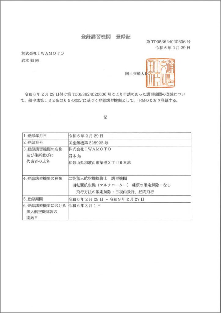 登録講習機関登録証